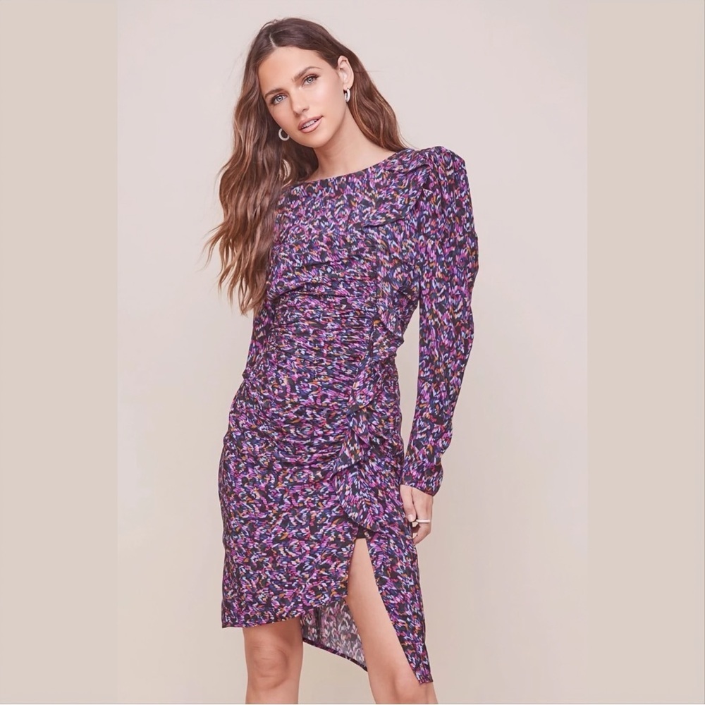 ASTR The Label ‘Masie’ Long-Sleeve Ruffled Dress in Purple/Navy Multi Size Small